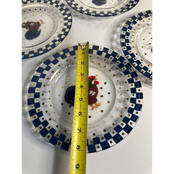 VTG 80s Lenox Handpainted Rooster Glass Plates Set of 4 Farmhouse Checkered Rim - Picture 4 of 4